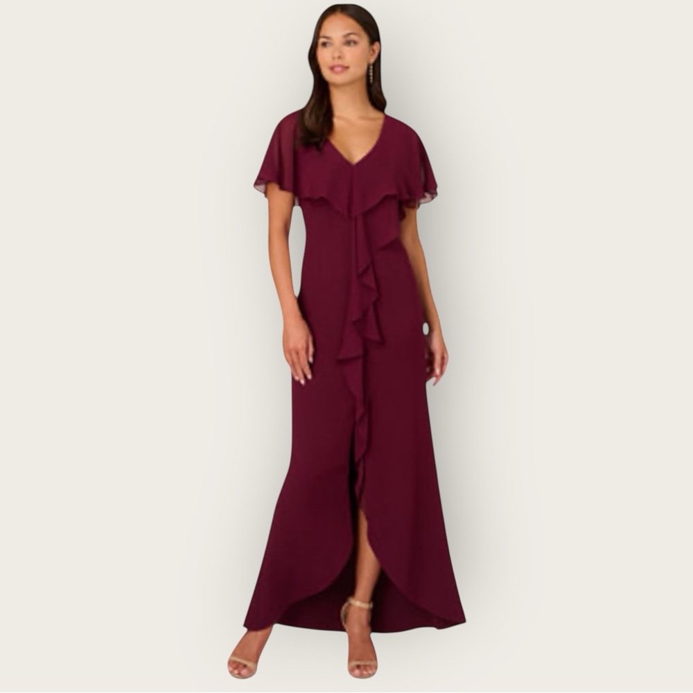 NWT Adrianna Papell Flutter Sleeve Crepe Ruffled Gown Dress Formal Wedding Event